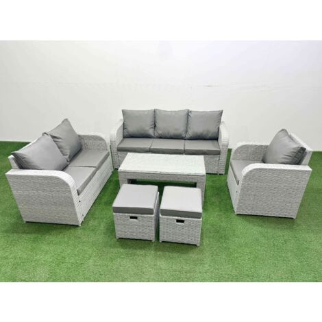 Fimous Patio PE Wicker 8 Seater Outdoor Rattan Furniture Sofa Sets with Oblong Coffee Table Reclining Chair Loveseat Sofa 3 Seater Sofa Stool Light Grey (1/5)