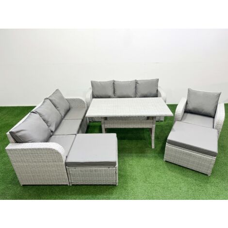 Fimous 9 Seater Poly Rattan Outdoor Garden Furniture Rectangular Dining Table Sofa Set Patio 3 Seater Sofa Reclining Chair 3 Seater Sofa 2 Big Footstools Light Grey (1/5)