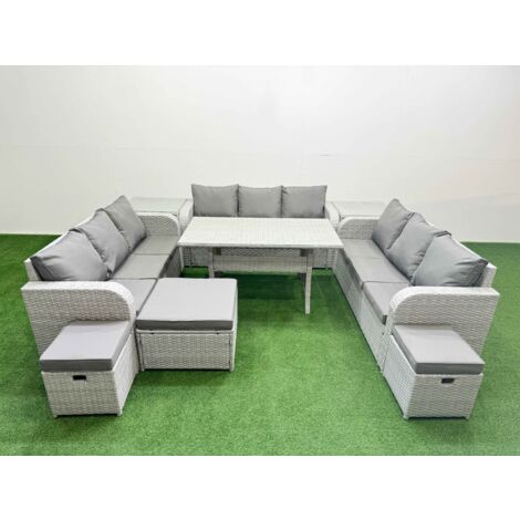 Fimous PE Rattan Lounge Sofa Set 12 Seater Outdoor Garden Furniture Set with Rectangular Dining Table 3 Seater Sofa 3 Stools 2 Side Table Light Grey (1/5)