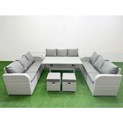 Fimous PE Rattan Lounge Sofa Set 11 Seater Outdoor Garden Furniture Set with Rectangular Dining Table 3 Seater Sofa 2 Stools Side Table Light Grey (1/5)