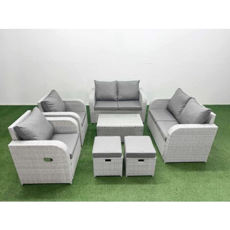Fimous 8 Seater Outdoor Reclining Chair Love Sofa Set Rattan Garden Furniture Set with Rectangular Coffee Table 2 Stools Light Grey (1/5)