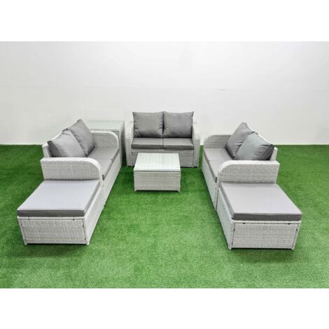 Fimous 8 Seater PE Wicker Rattan Furniture Sofa Sets with Square Coffee Table 2 Seater Love Sofa 2 Big Footstool Side Table Light Grey (1/5)