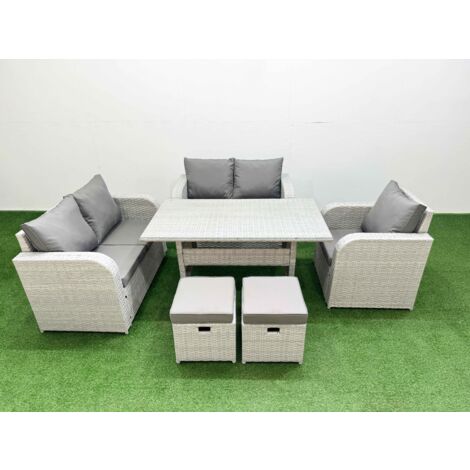 Fimous High Back Poly Rattan Garden Furniture Set with Reclining Chair Loveseat Sofa Rectangular Dining Table Indoor Outdoor Patio Set 2 Stool Light Grey (1/5)