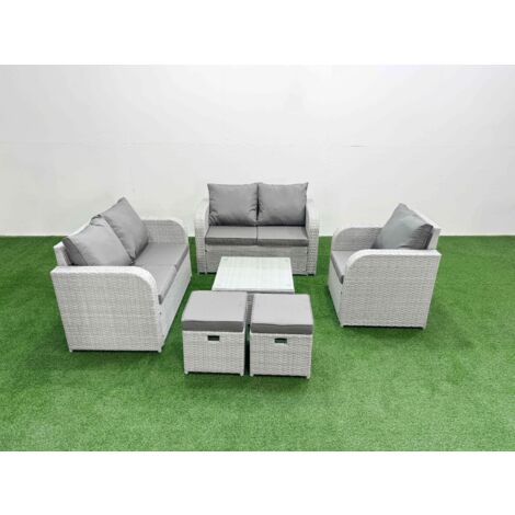 Fimous High Back Poly Rattan Garden Furniture Set with Reclining Chair Loveseat Sofa Square Coffee Table Indoor Outdoor Patio Set 2 Stool Light Grey (1/5)