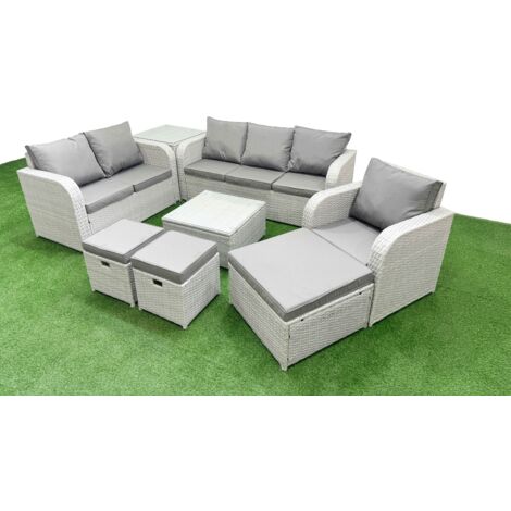 Fimous Patio PE Wicker 9 Seater Outdoor Rattan Furniture Sofa Sets with Square Coffee Table Reclining Chair Loveseat Sofa 3 Seater Sofa Stool Side Table Light Grey (1/5)