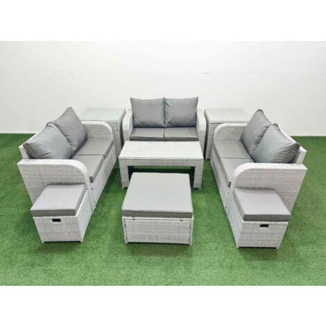 Fimous  9 Seater PE Wicker Rattan Furniture Sofa Sets with Oblong Coffee Table 2 Seater Love Sofa 3 Stool 2 Side Table Light Grey (1/5)
