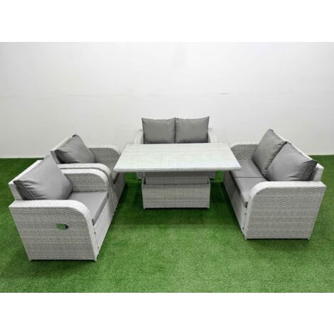 Fimous 6 Seater Outdoor Reclining Chair Love Sofa Set Rattan Garden Furniture Set with Adjustable Lifting Dining or Coffee Table Light Grey (1/5)