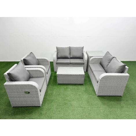 Fimous 6 Seater Outdoor Reclining Chair Love Sofa Set Rattan Garden Furniture Set with Rectangular Coffee Table Side Table Light Grey (1/5)