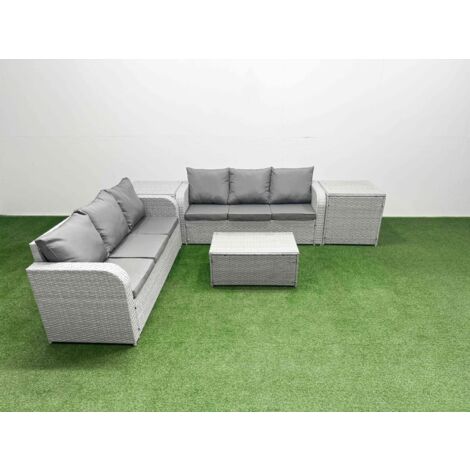 Fimous Outdoor Garden Furniture Sets 6 Seater Wicker Rattan Furniture Sofa Sets with Rectangular Coffee Table high Back Lounge Sofa 2 Side Table Light Grey