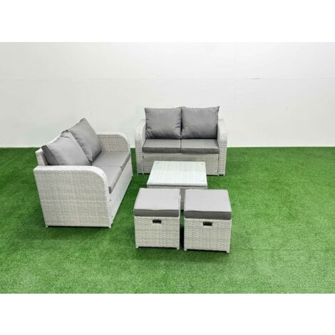 Fimous 6 Seater Outdoor Love Sofa Set Rattan Garden Furniture Set with Square Coffee Table 2 Small Stools Light Grey (1/5)