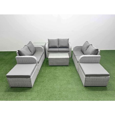 Fimous 8 Seater PE Wicker Rattan Furniture Sofa Sets with Rectangular Coffee Table 2 Seater Love Sofa 2 Big Footstool Side Table Light Grey (1/5)