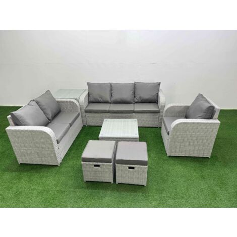 Fimous Patio PE Wicker 8 Seater Outdoor Rattan Furniture Sofa Sets with Square Coffee Table Reclining Chair Loveseat Sofa 3 Seater Sofa Stool Side Table Light Grey (1/5)