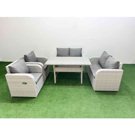 Fimous 6 Seater Outdoor Reclining Chair Love Sofa Set Rattan Garden Furniture Set with Rectangular Dining Table Light Grey (1/5)