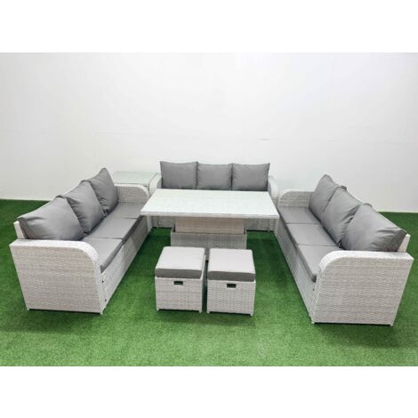 Fimous PE Rattan Lounge Sofa Set 11 Seater Outdoor Garden Furniture Set with Adjustable Lifting Dining or Coffee Table 3 Seater Sofa 2 Stools Side Table Light Grey (1/5)