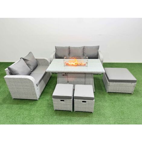 Fimous 8 Seater PE Rattan Wicker Garden Furniture Patio Conservatory Sofa Set with Firepit Dining Table 3 Seater Sofa Love Sofa 3 Stool (1/5)