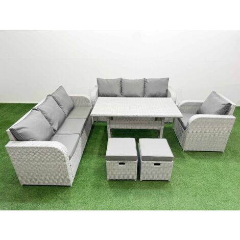 Fimous 9 Seater Poly Rattan Outdoor Garden Furniture Rectangular Dining Table Sofa Set Patio 3 Seater Sofa Reclining Chair 3 Seater Sofa Stools Light Grey (1/5)