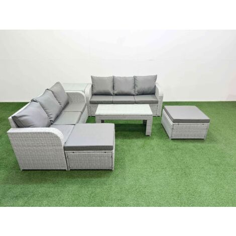 Fimous Outdoor Garden Furniture Sets 8 Seater Wicker Rattan Furniture Sofa Sets with Oblong Coffee Table high Back Lounge Sofa 2 Big Footstool Side Table Light Grey (1/5)