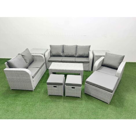 Fimous Patio PE Wicker 9 Seater Outdoor Rattan Furniture Sofa Sets with Oblong Coffee Table Reclining Chair Loveseat Sofa 3 Seater Sofa Stool 2 Side Table Light Grey (1/5)