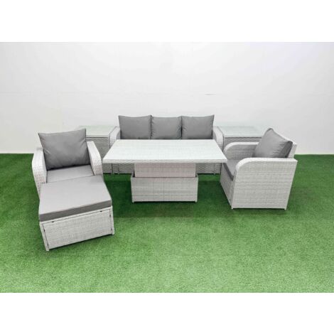 Fimous PE Rattan Garden Furniture Set Reclining Chair Sofa Lounge Sofa Set Adjustable Lifting Dining or Coffee Table 2 Side Table Big Footstool Light Grey