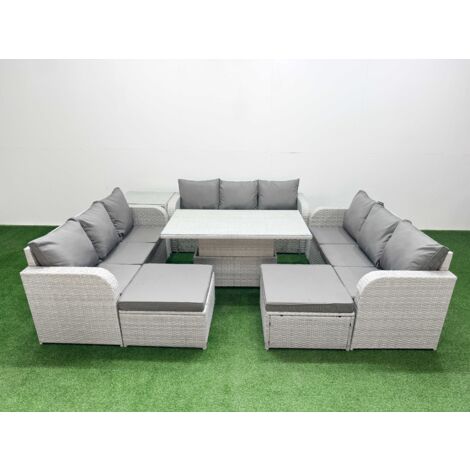 Fimous PE Rattan Lounge Sofa Set 11 Seater Outdoor Garden Furniture Set with Adjustable Lifting Dining or Coffee Table 3 Seater Sofa 2 Big Footstools Side Table Light Grey (1/5)