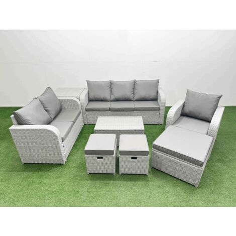 Fimous Patio PE Wicker 9 Seater Outdoor Rattan Furniture Sofa Sets with Rectangular Coffee Table Reclining Chair Loveseat Sofa 3 Seater Sofa Stool Side Table Light Grey (1/5)