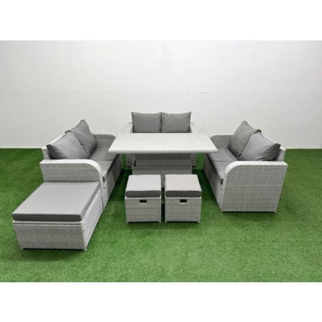 Fimous  9 Seater PE Wicker Rattan Furniture Sofa Sets with Adjustable Lifting Dining or Coffee Table 2 Seater Love Sofa 3 Stool Light Grey (1/5)