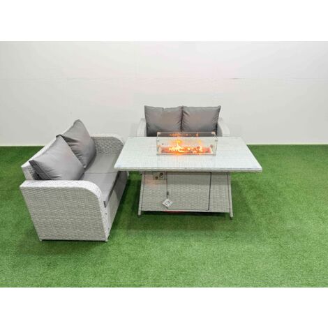 Fimous 4 Seater Outdoor Love Sofa Set Rattan Garden Furniture Set with Firepit Dining Table Light Grey (1/5)