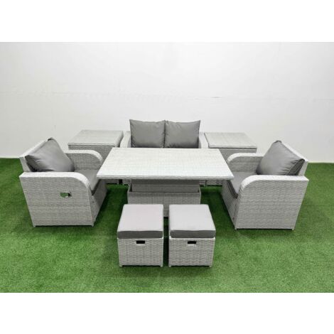 Fimous Light Grey PE Wicker Rattan Garden Furniture Set Sofa Set Reclining Chair Adjustable Lifting Dining or Coffee Table 6 Seater 2 Small Stools 2 Side Table