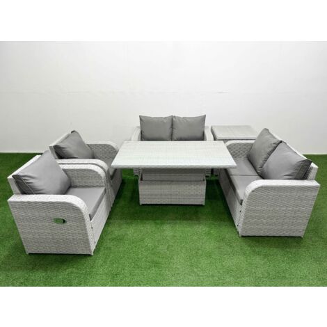 Fimous 6 Seater Outdoor Reclining Chair Love Sofa Set Rattan Garden Furniture Set with Adjustable Lifting Dining or Coffee Table Side Table Light Grey (1/5)