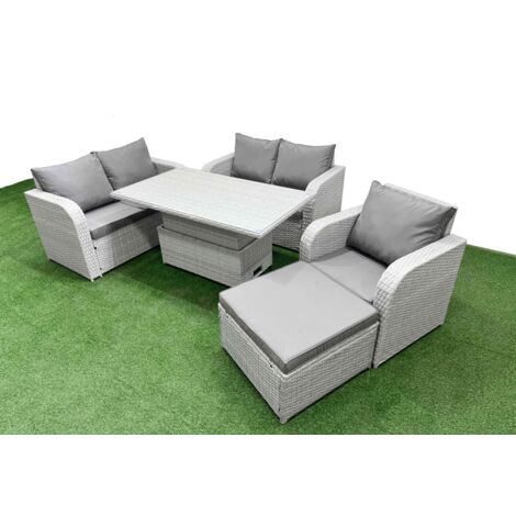 Fimous High Back Poly Rattan Garden Furniture Set with Reclining Chair Loveseat Sofa Adjustable Lifting Dining or Coffee Table Indoor Outdoor Patio Set Big Stool Light Grey (1/5)