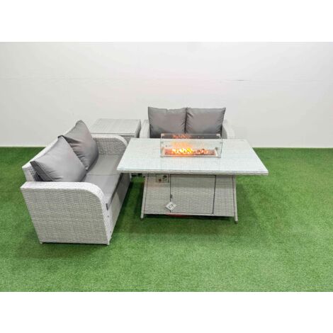 Fimous 4 Seater Outdoor Love Sofa Set Rattan Garden Furniture Set with Firepit Dining Table Side Table Light Grey (1/5)