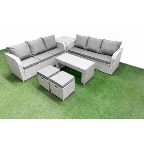 Fimous Outdoor Garden Furniture Sets 8 Seater Wicker Rattan Furniture Sofa Sets with Oblong Coffee Table high Back Lounge Sofa Stools Side Table Light Grey (1/5)