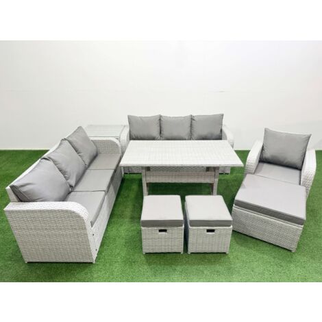 Fimous 10 Seater Poly Rattan Outdoor Garden Furniture Rectangular Dining Table Sofa Set Patio 3 Seater Sofa Reclining Chair 3 Seater Sofa 3 Stools Side Table Light Grey (1/5)