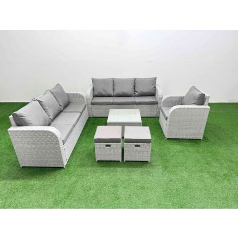 Fimous 9 Seater Poly Rattan Outdoor Garden Furniture Square Coffee Table Sofa Set Patio 3 Seater Sofa Reclining Chair 3 Seater Sofa Stools Light Grey (1/5)
