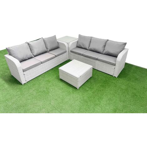 Fimous Outdoor Garden Furniture Sets 6 Seater Wicker Rattan Furniture Sofa Sets with Square Coffee Table high Back Lounge Sofa Side Table Light Grey