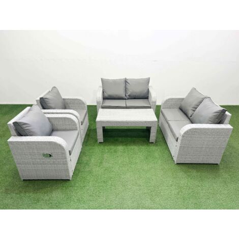 Fimous 6 Seater Outdoor Reclining Chair Love Sofa Set Rattan Garden Furniture Set with Oblong Coffee Table Light Grey (1/5)