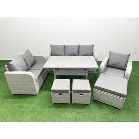 Fimous Patio PE Wicker 9 Seater Outdoor Rattan Furniture Sofa Sets with Rectangular Dining Table Reclining Chair Loveseat Sofa 3 Seater Sofa Stool Light Grey