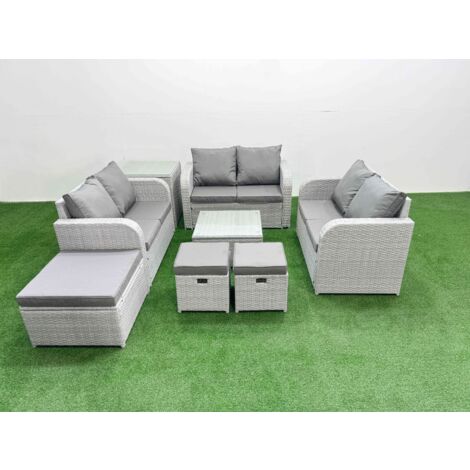 Fimous 9 Seater PE Wicker Rattan Furniture Sofa Sets with Square Coffee Table 2 Seater Love Sofa 3 Stool Side Table Light Grey (1/5)