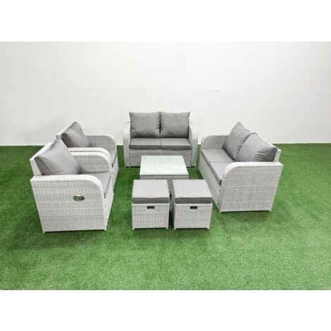 Fimous 8 Seater Outdoor Reclining Chair Love Sofa Set Rattan Garden Furniture Set with Square Coffee Table 2 Stools Light Grey (1/5)