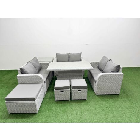 Fimous 9 Seater PE Wicker Rattan Furniture Sofa Sets with Adjustable Lifting Dining or Coffee Table 2 Seater Love Sofa 3 Stool Side Table Light Grey (1/5)