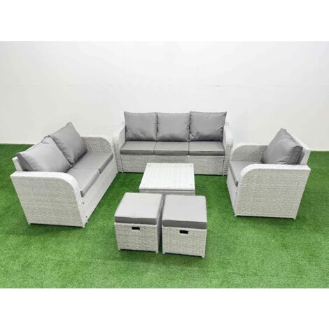 Fimous Patio PE Wicker 8 Seater Outdoor Rattan Furniture Sofa Sets with Square Coffee Table Reclining Chair Loveseat Sofa 3 Seater Sofa Stool Light Grey (1/5)