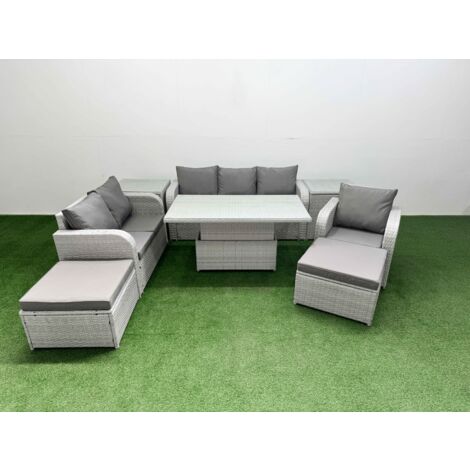 Fimous Patio PE Wicker 8 Seater Outdoor Rattan Furniture Sofa Sets with Adjustable Lifting Dining or Coffee Table Reclining Chair Loveseat Sofa 3 Seater Sofa 2 Big Footstools 2 Side Table Light Grey (1/5)
