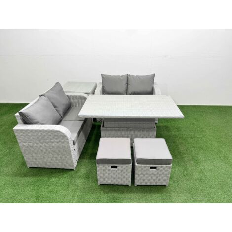 Fimous 6 Seater Outdoor Love Sofa Set Rattan Garden Furniture Set with Adjustable Lifting Dining or Coffee Table 2 Small Stools Side Table Light Grey (1/5)