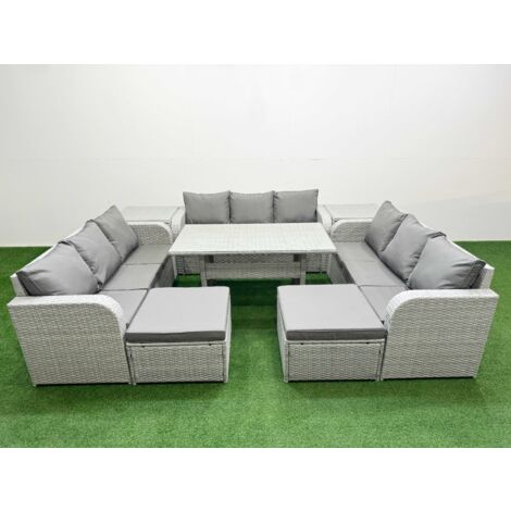 Fimous PE Rattan Lounge Sofa Set 11 Seater Outdoor Garden Furniture Set with Rectangular Dining Table 3 Seater Sofa 2 Big Footstools 2 Side Table Light Grey (1/5)