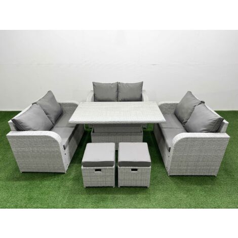 Fimous 8 Seater PE Wicker Rattan Furniture Sofa Sets with Adjustable Lifting Dining or Coffee Table 2 Seater Love Sofa 2 Stool Light Grey (1/5)