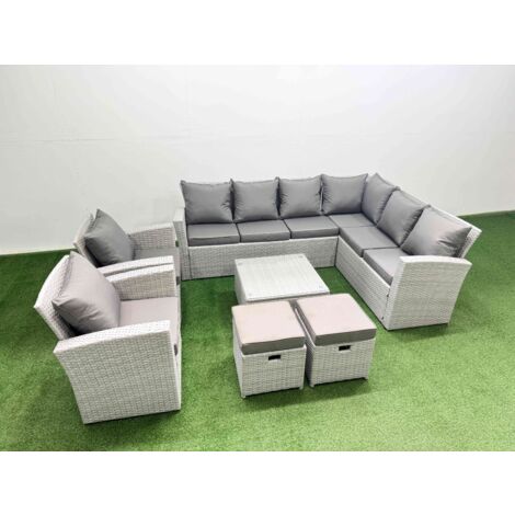 Fimous Rattan Garden Outdoor Furniture Set 10 Seater Rattan Garden Sofa Set with 2 Armchairs 2 Small Footstools Light Grey Mixed (1/5)