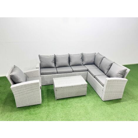 Fimous Garden Outdoor PE Rattan Furniture Set 7 Seater Rattan Garden Sofa Set with Big Footstool Light Grey Mixed (1/5)