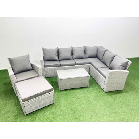 Fimous Garden Outdoor PE Rattan Furniture Set 8 Seater Rattan Garden Sofa Set with Big Footstool Light Grey Mixed (1/5)