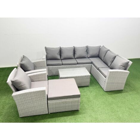 Fimous Garden Outdoor PE Rattan Furniture Set 9 Seater Rattan Garden Sofa Set with Big Footstool Light Grey Mixed (1/5)