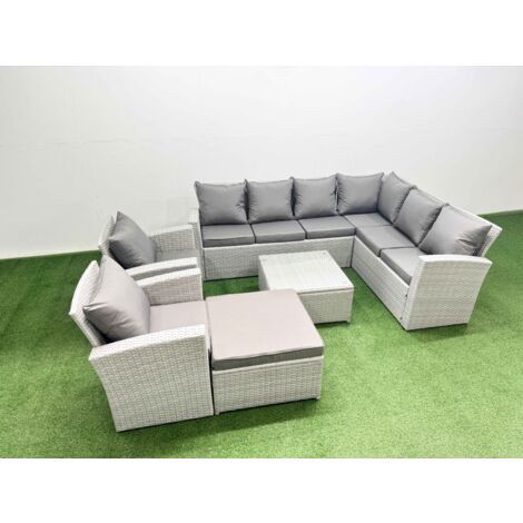 Fimous Rattan Garden Outdoor Furniture Set 9 Seater Rattan Garden Sofa Set with 2 Armchairs Big Footstool Light Grey Mixed (1/5)